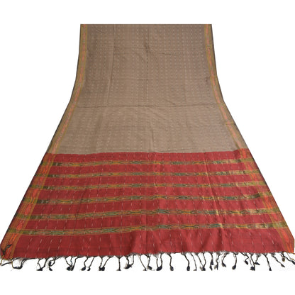 Sanskriti Vintage Sarees Light-Brown Ikat Hand-Woven Cotton Silk Sari 5yd Fabric