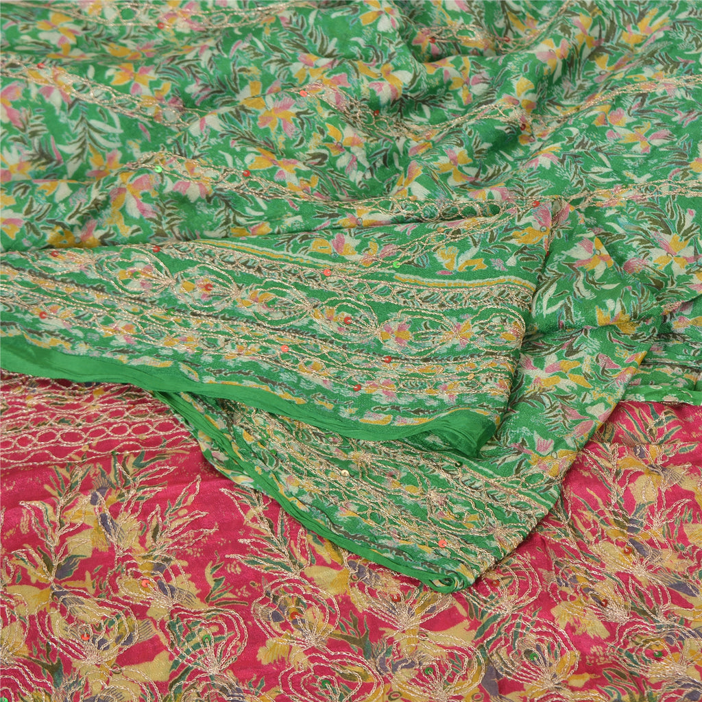 Sanskriti Vintage Sarees Green/Pink Embroidered Pure Silk Sari 5yd Craft Fabric