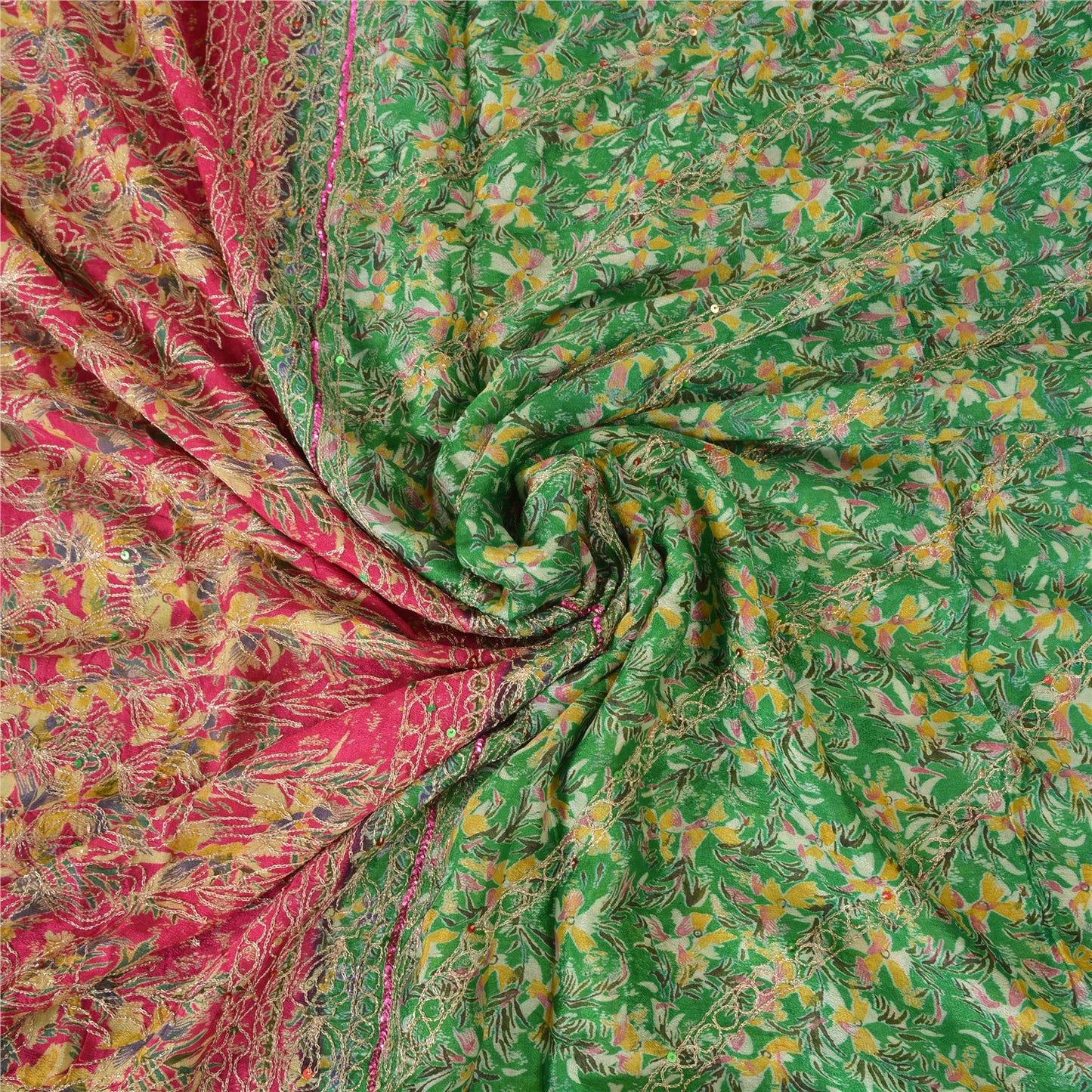 Sanskriti Vintage Sarees Green/Pink Embroidered Pure Silk Sari 5yd Craft Fabric