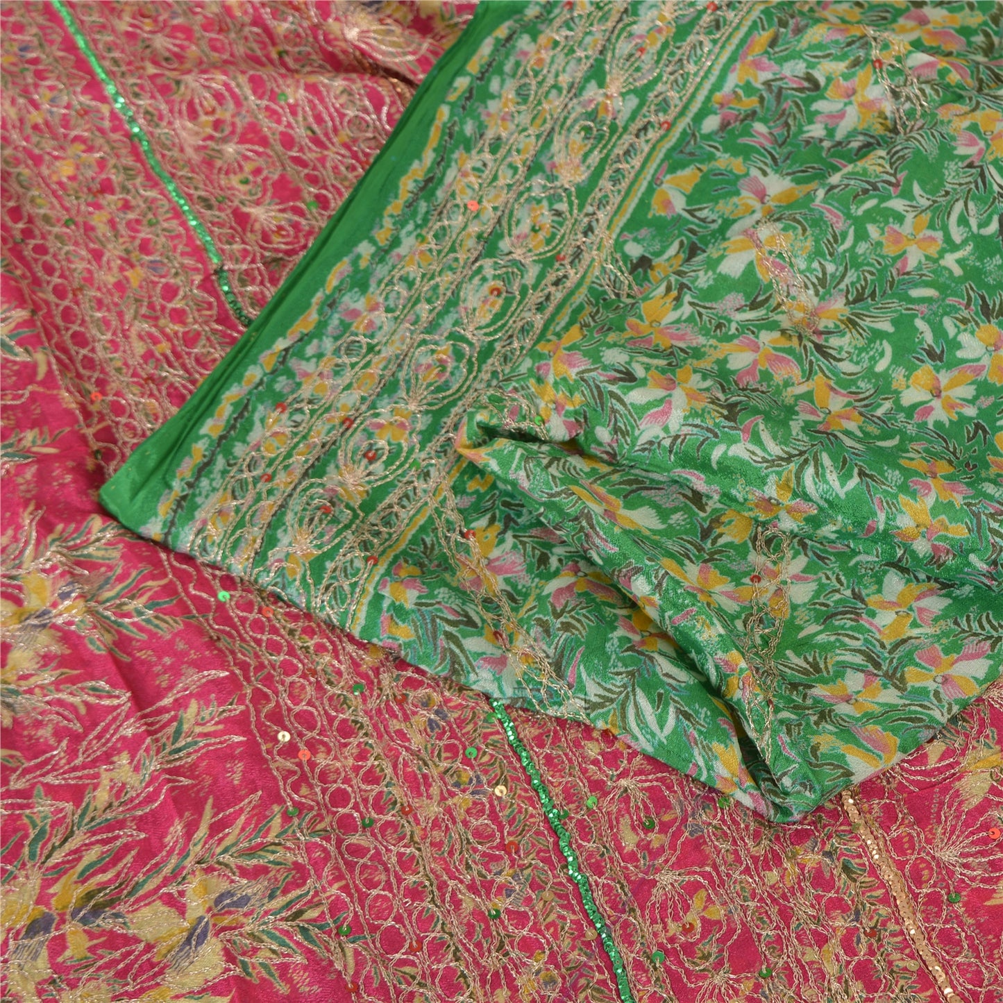 Sanskriti Vintage Sarees Green/Pink Embroidered Pure Silk Sari 5yd Craft Fabric