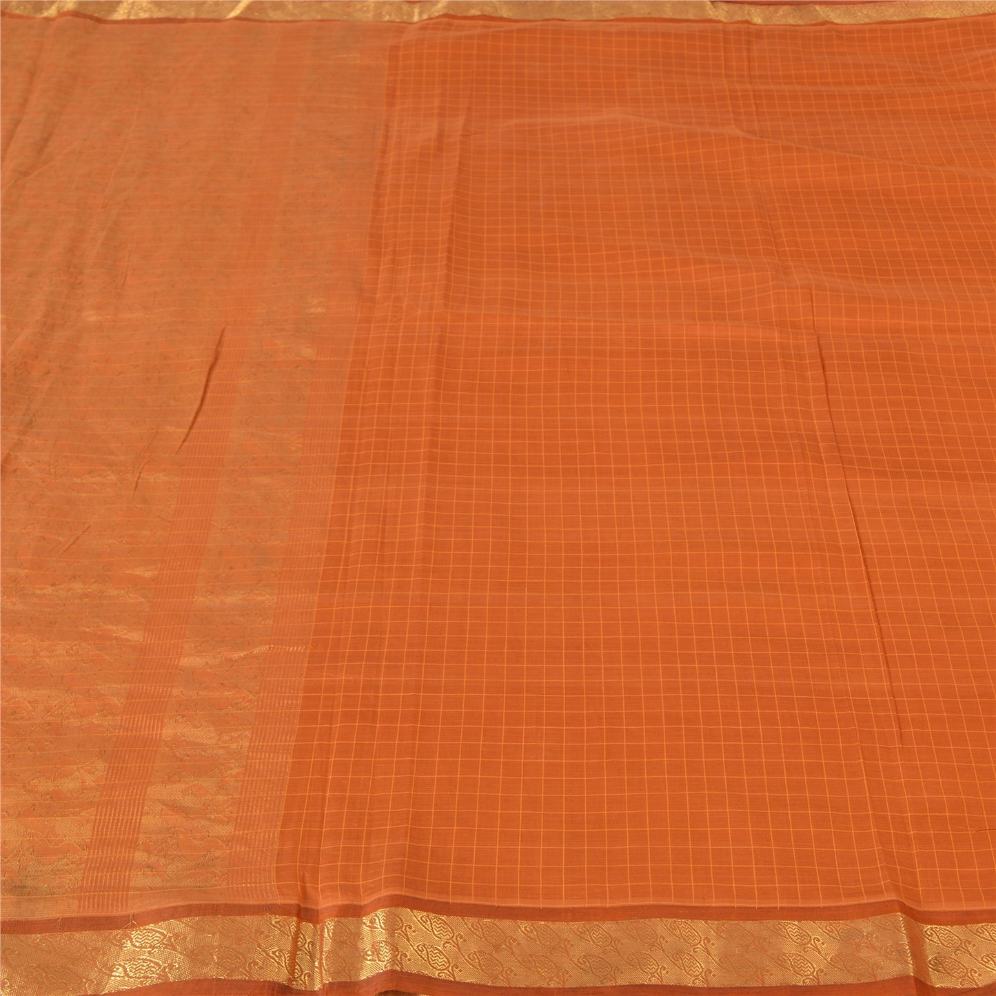 Sanskriti Vintage Sarees Rusty Orange Pure Silk Golden Woven Sari Craft Fabric