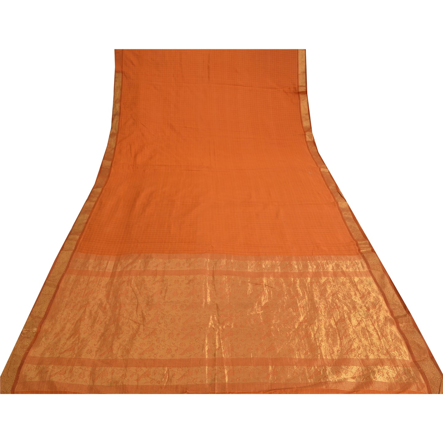 Sanskriti Vintage Sarees Rusty Orange Pure Silk Golden Woven Sari Craft Fabric