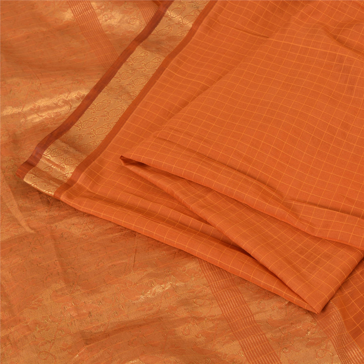 Sanskriti Vintage Sarees Rusty Orange Pure Silk Golden Woven Sari Craft Fabric