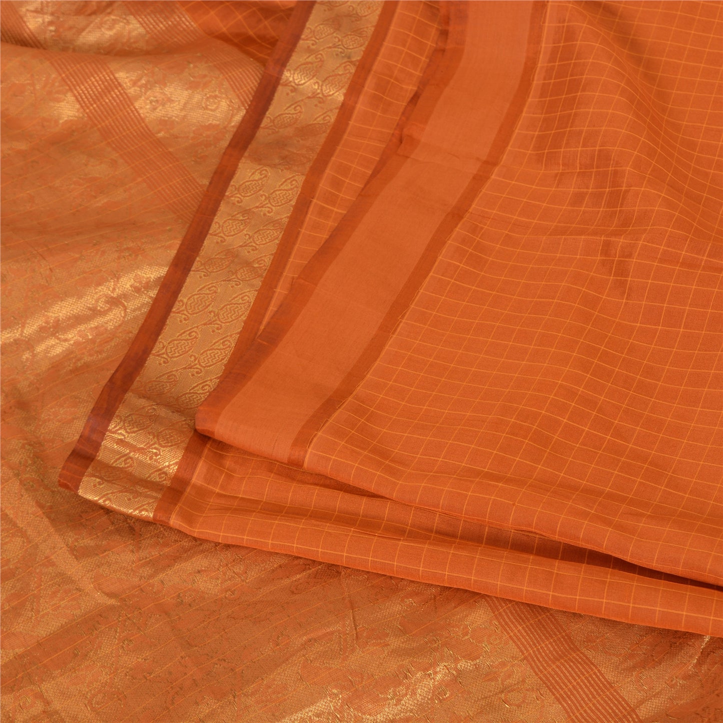 Sanskriti Vintage Sarees Rusty Orange Pure Silk Golden Woven Sari Craft Fabric