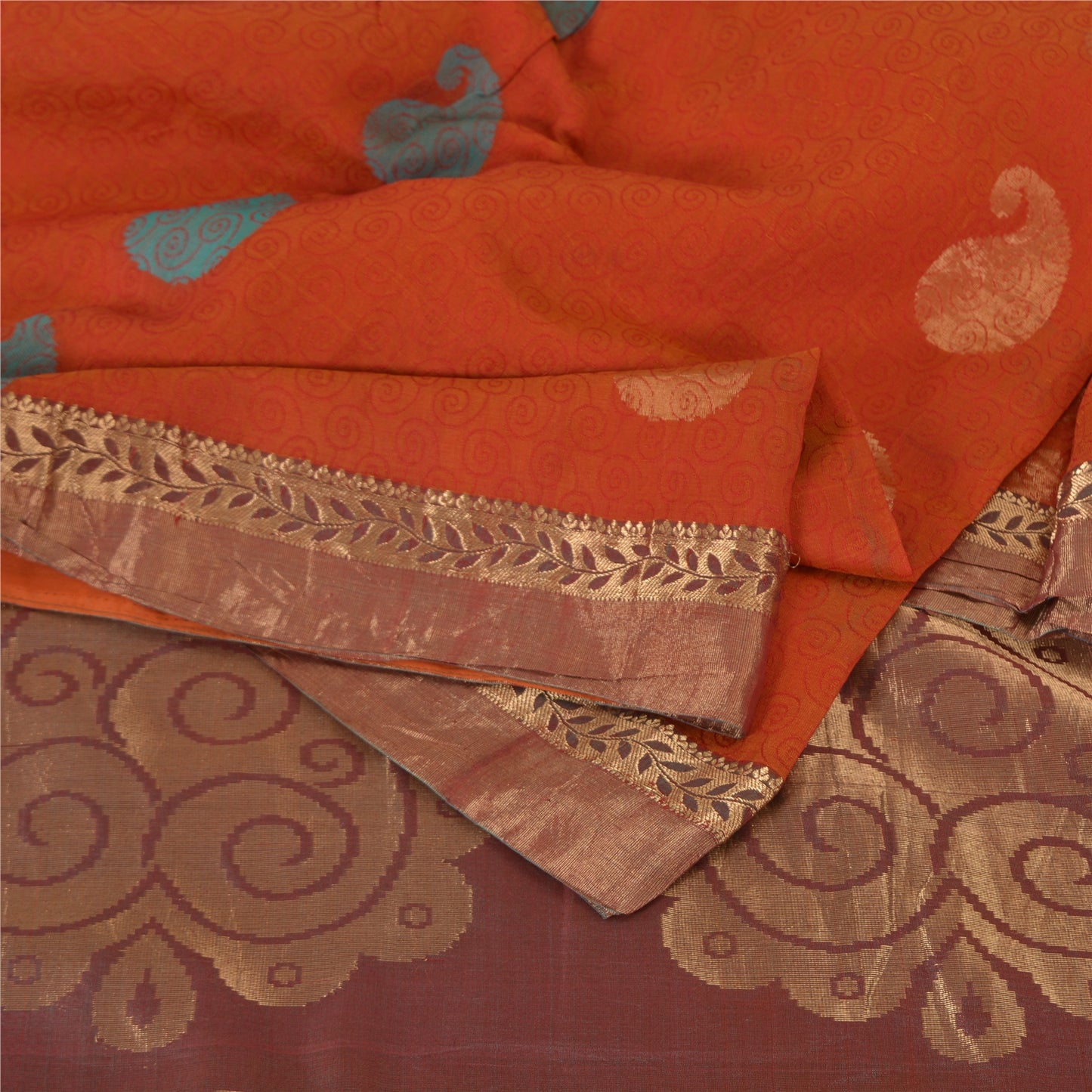 Sanskriti Vintage Sarees Orange 100% Pure Silk Zari Woven Sari 5yd Craft Fabric