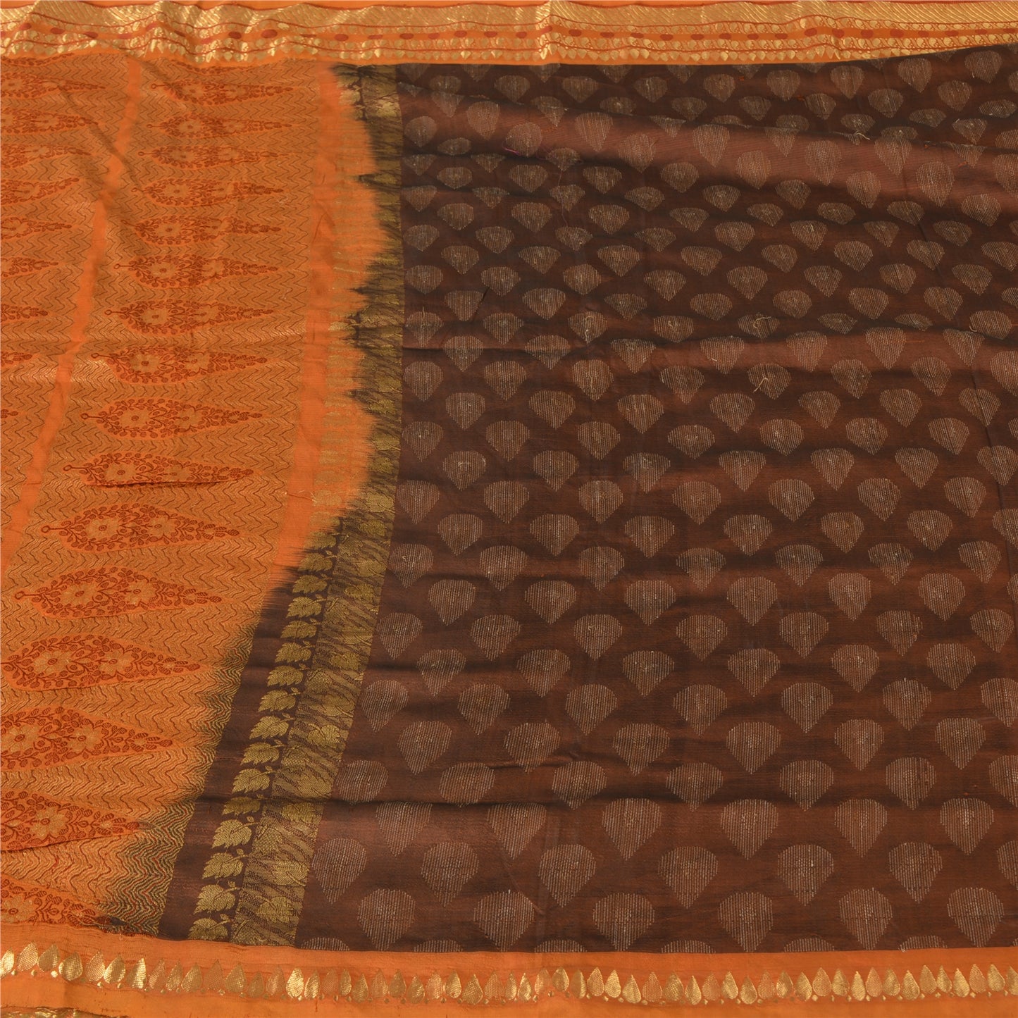 Sanskriti Vintage Sarees Brown/Orange Pure Silk Hand Woven Sari 5yd Craft Fabric