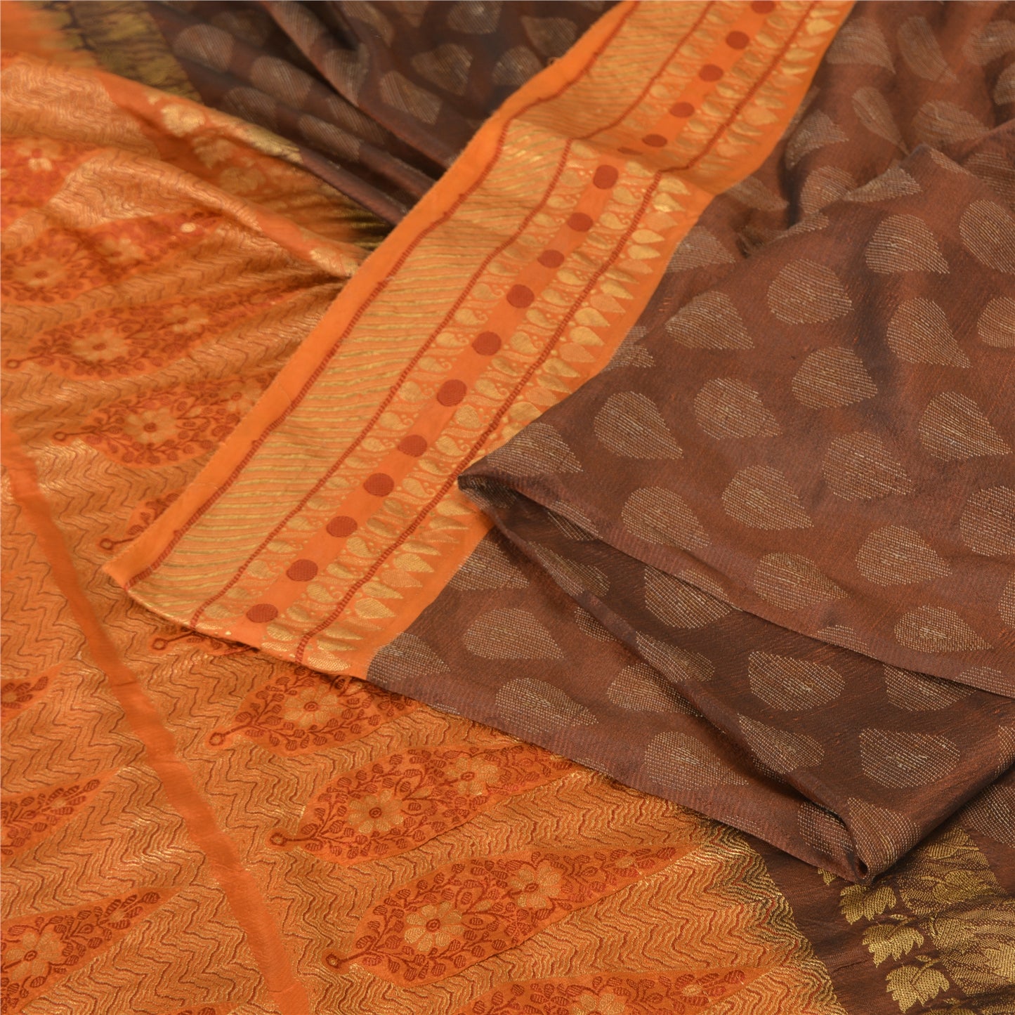 Sanskriti Vintage Sarees Brown/Orange Pure Silk Hand Woven Sari 5yd Craft Fabric