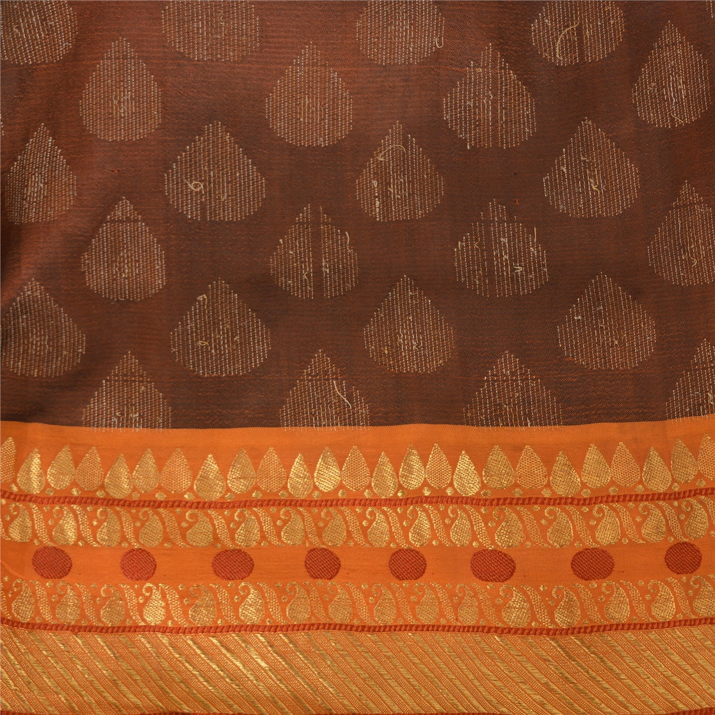 Sanskriti Vintage Sarees Brown/Orange Pure Silk Hand Woven Sari 5yd Craft Fabric