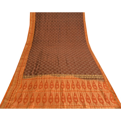 Sanskriti Vintage Sarees Brown/Orange Pure Silk Hand Woven Sari 5yd Craft Fabric