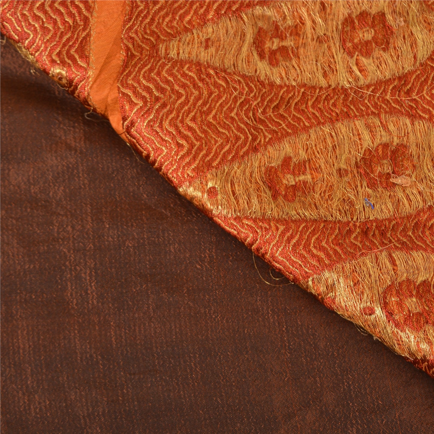 Sanskriti Vintage Sarees Brown/Orange Pure Silk Hand Woven Sari 5yd Craft Fabric