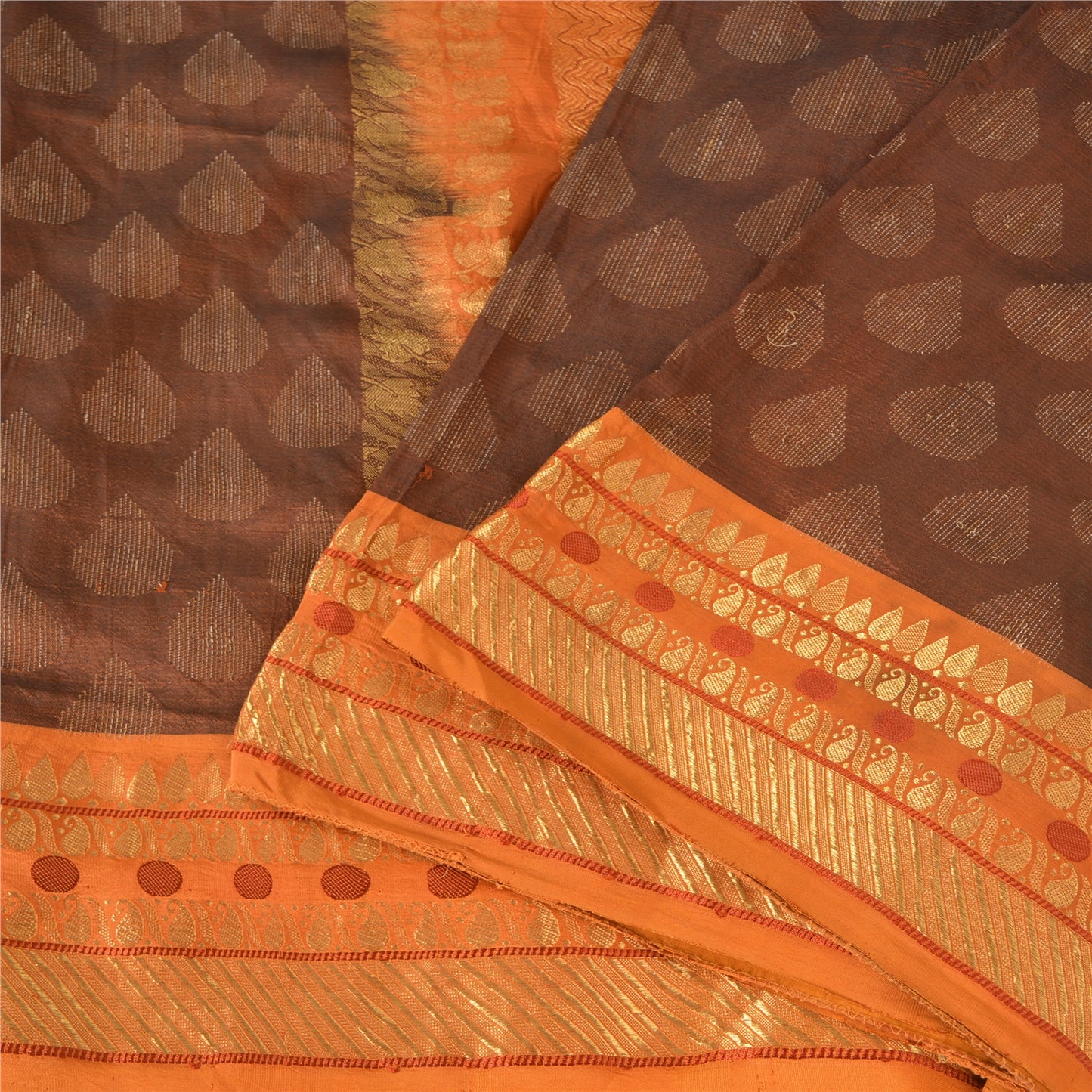 Sanskriti Vintage Sarees Brown/Orange Pure Silk Hand Woven Sari 5yd Craft Fabric