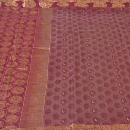 Sanskriti Vintage Sarees Purple Pure Silk Peacock Hand Woven Sari Craft Fabric