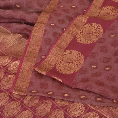 Sanskriti Vintage Sarees Purple Pure Silk Peacock Hand Woven Sari Craft Fabric