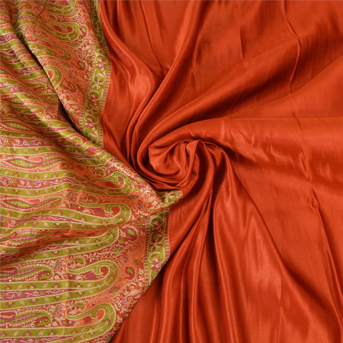 Sanskriti Vintage Sarees Indian Orange Pure Silk Woven Sari Floral Craft Fabric