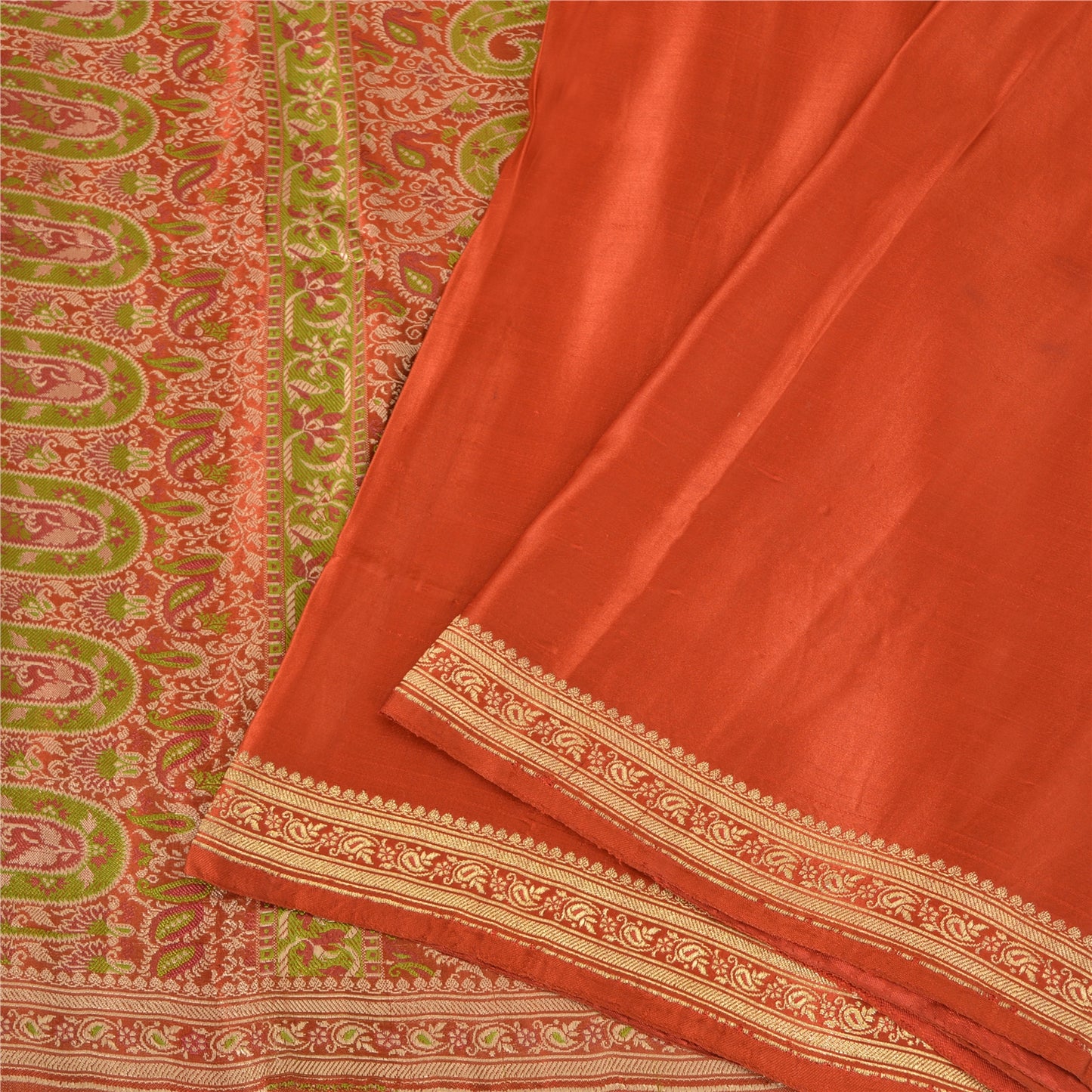 Sanskriti Vintage Sarees Indian Orange Pure Silk Woven Sari Floral Craft Fabric