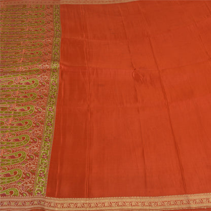 Sanskriti Vintage Sarees Indian Orange Pure Silk Woven Sari Floral Craft Fabric