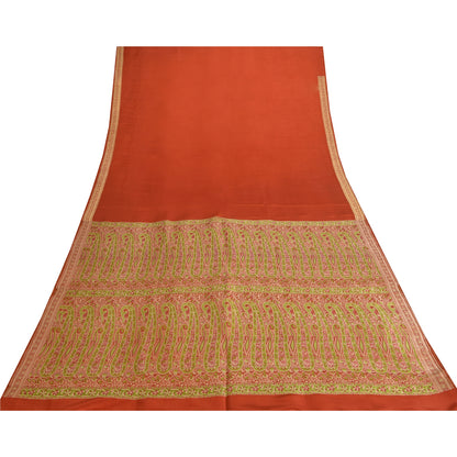 Sanskriti Vintage Sarees Indian Orange Pure Silk Woven Sari Floral Craft Fabric