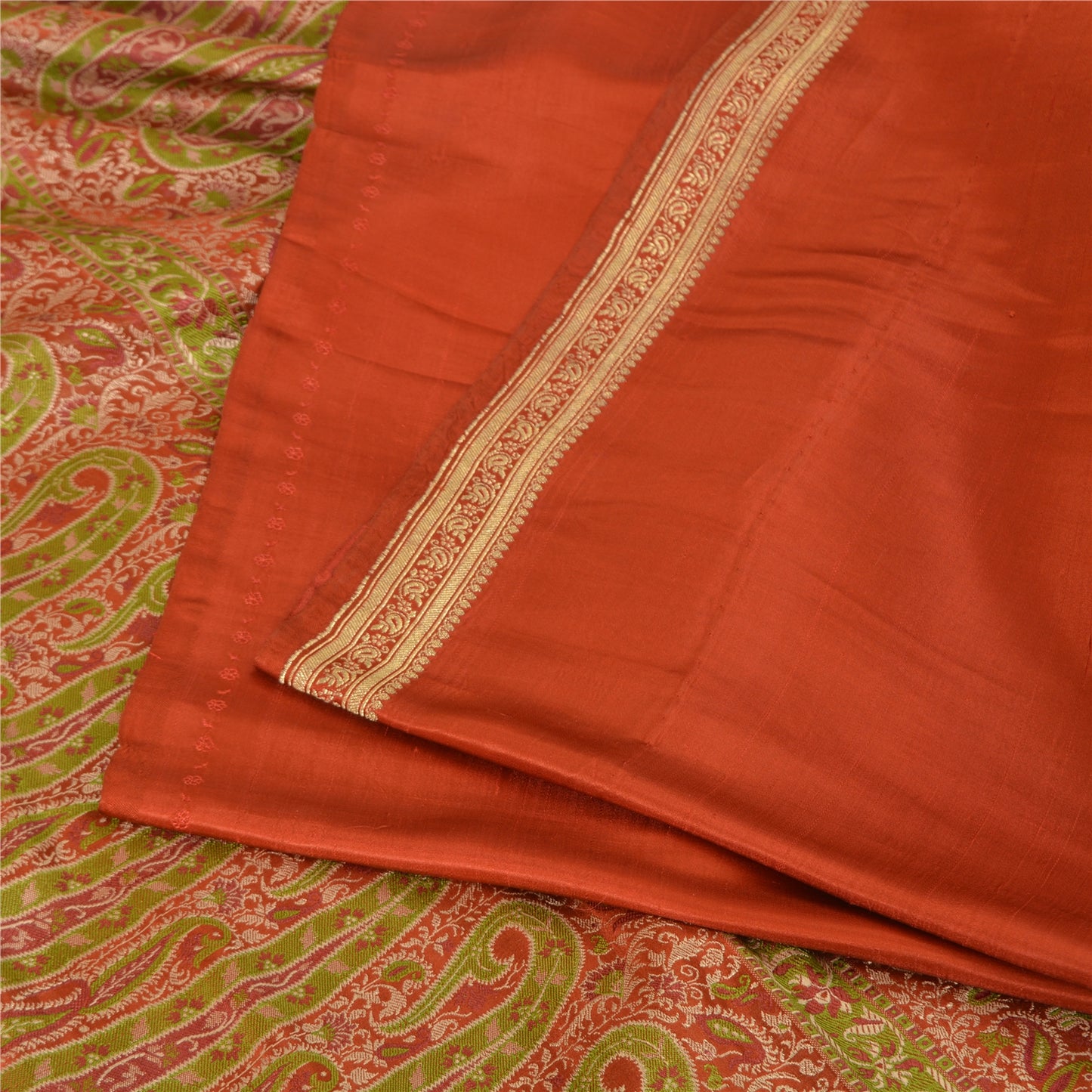 Sanskriti Vintage Sarees Indian Orange Pure Silk Woven Sari Floral Craft Fabric