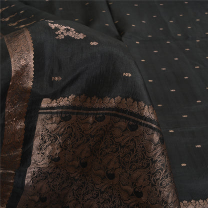 Sanskriti Vintage Sarees Black 100% Pure Silk Hand Woven Sari 5yd Craft Fabric