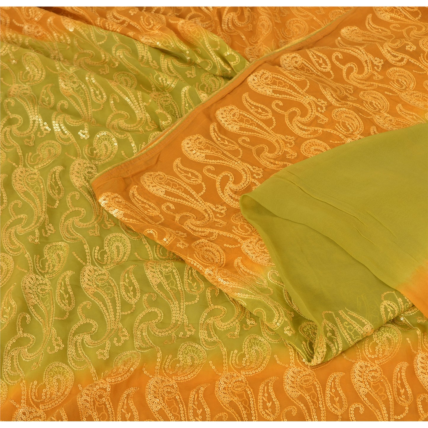 Sanskriti Vintage Green/Mustard Sarees Pure Georgette Silk Hand Bead Sari Fabric