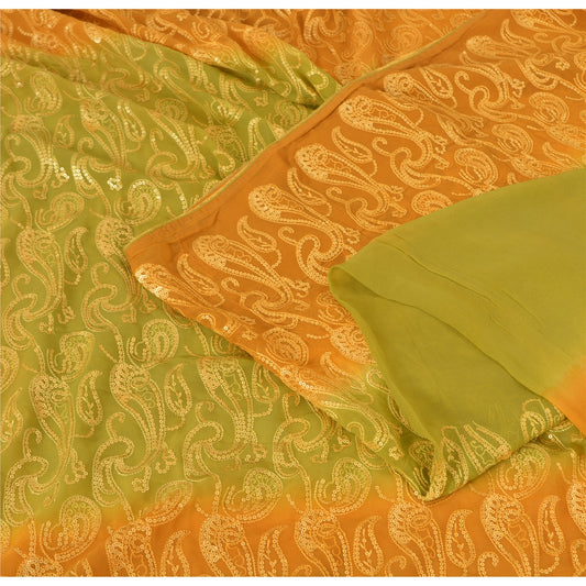 Sanskriti Vintage Green/Mustard Sarees Pure Georgette Silk Hand Bead Sari Fabric