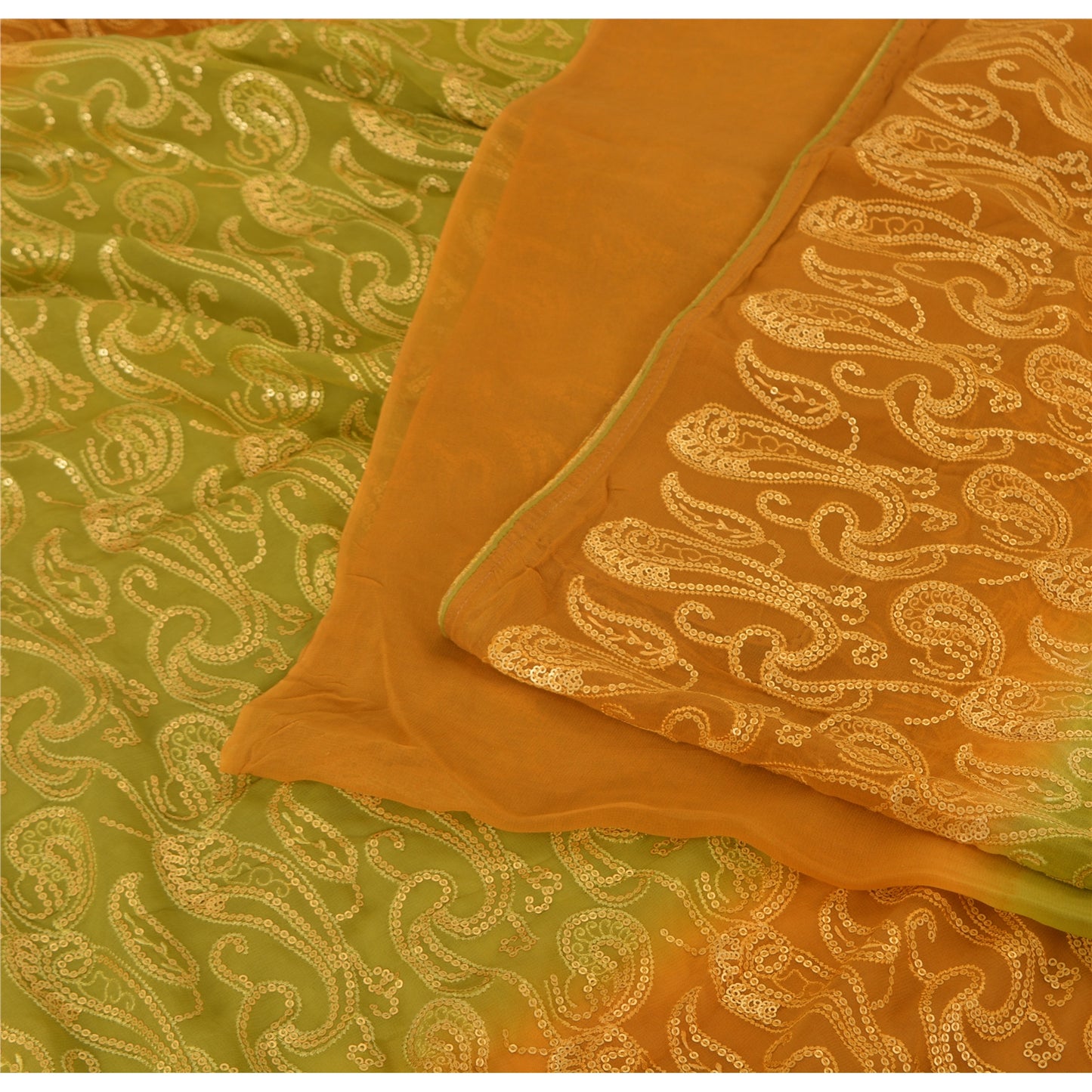 Sanskriti Vintage Green/Mustard Sarees Pure Georgette Silk Hand Bead Sari Fabric