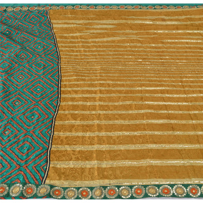 Sanskriti Vintage Caramel/Green Sarees Blend Silk Hand Beaded Sari Craft Fabric