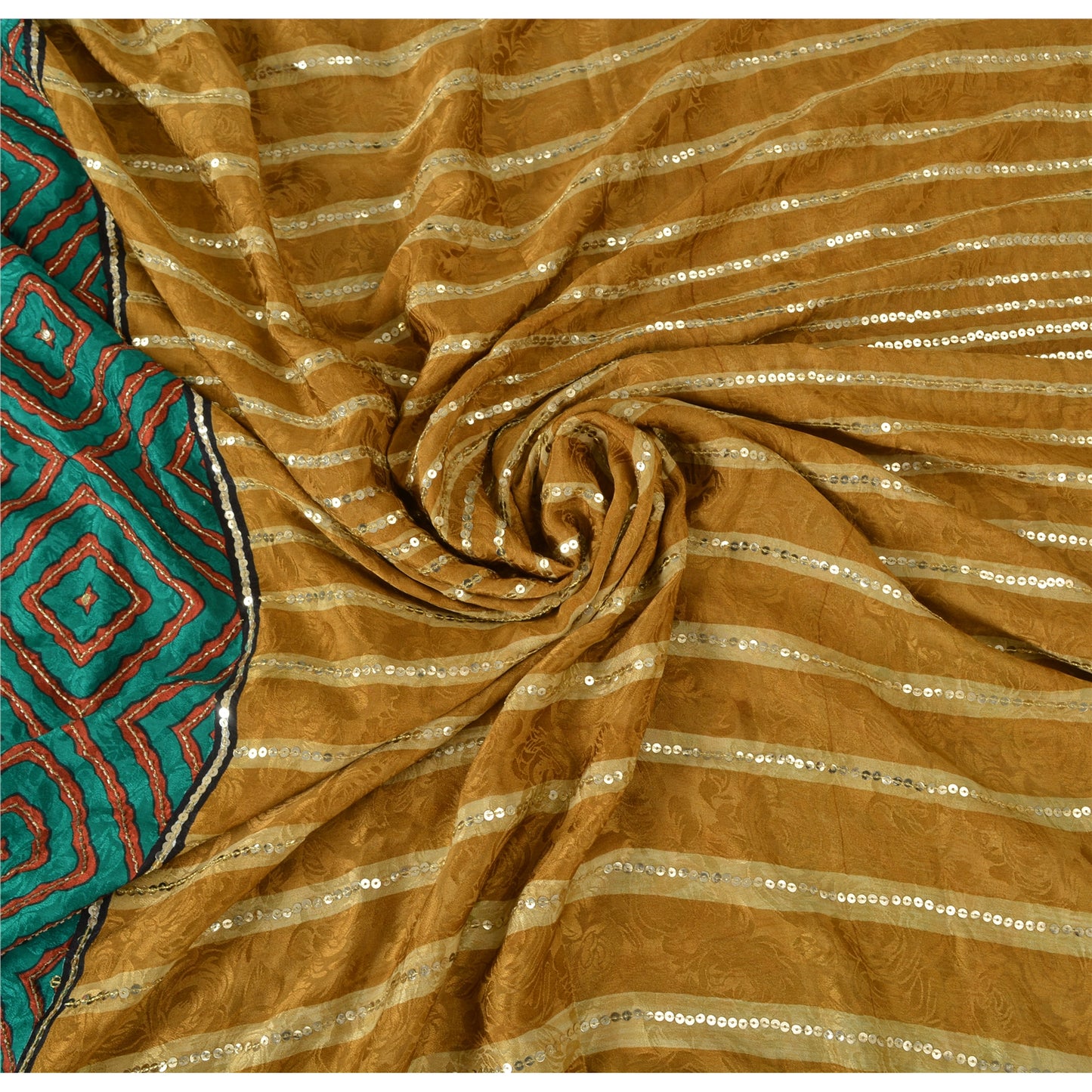 Sanskriti Vintage Caramel/Green Sarees Blend Silk Hand Beaded Sari Craft Fabric