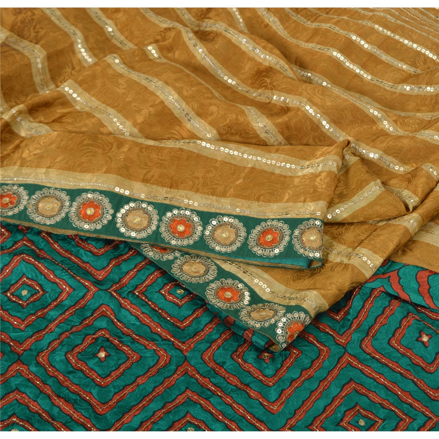 Sanskriti Vintage Caramel/Green Sarees Blend Silk Hand Beaded Sari Craft Fabric