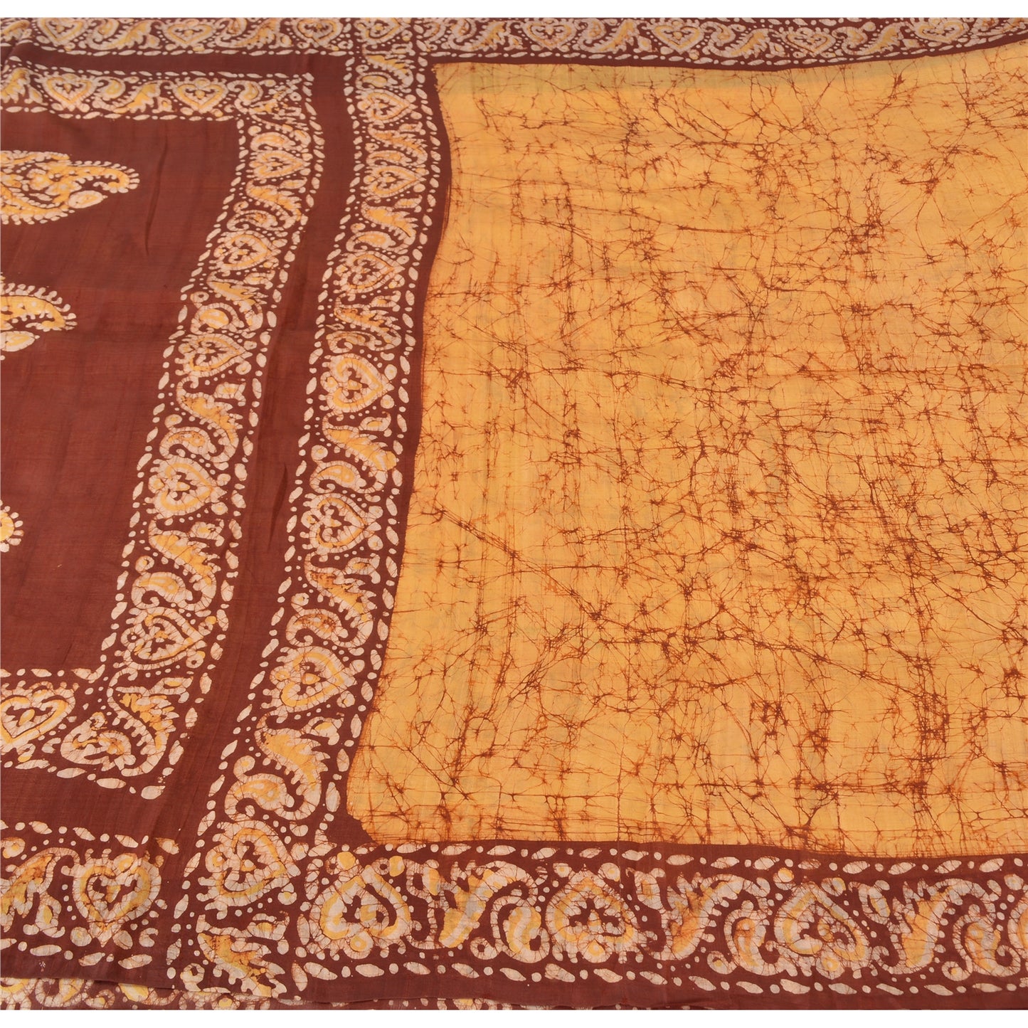 Sanskriti Vintage Brown/Yellow Sarees Pure Silk Hand Printed Batik Sari Fabric