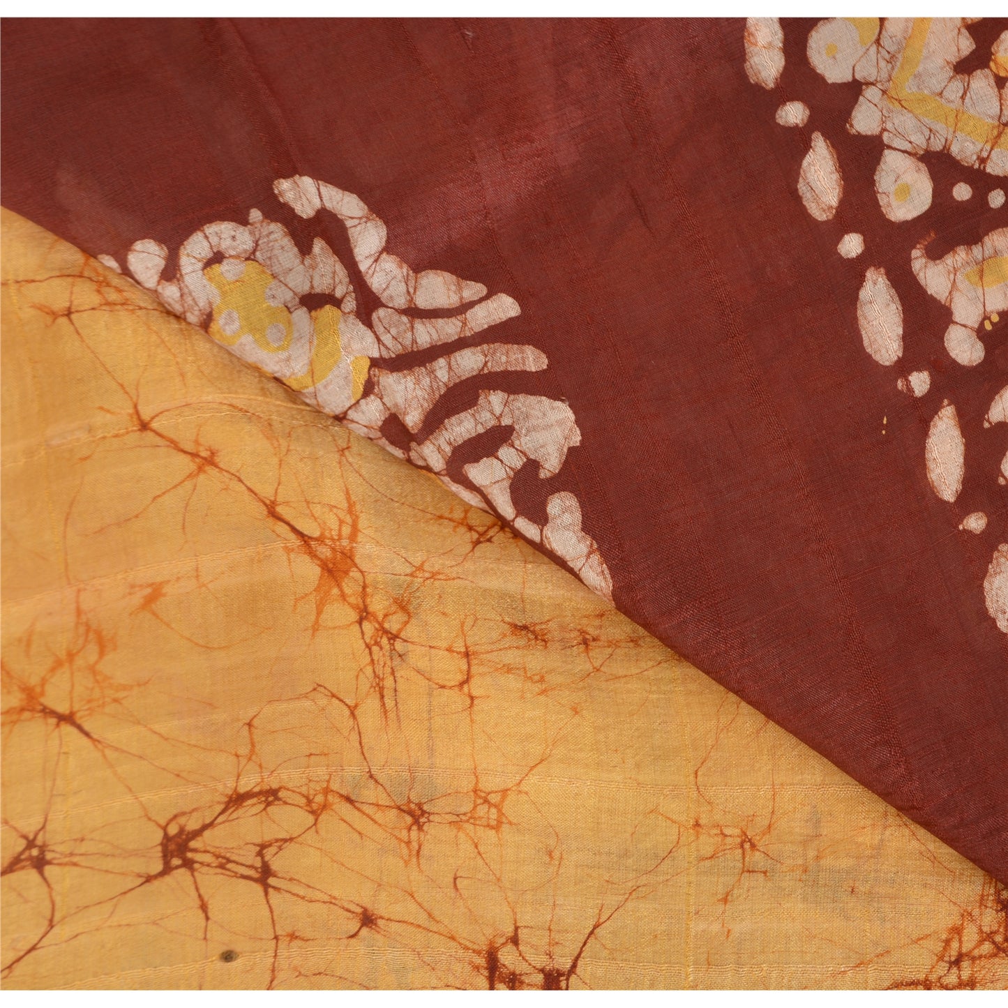 Sanskriti Vintage Brown/Yellow Sarees Pure Silk Hand Printed Batik Sari Fabric