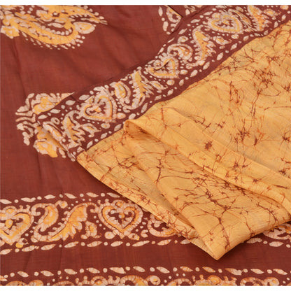 Sanskriti Vintage Brown/Yellow Sarees Pure Silk Hand Printed Batik Sari Fabric