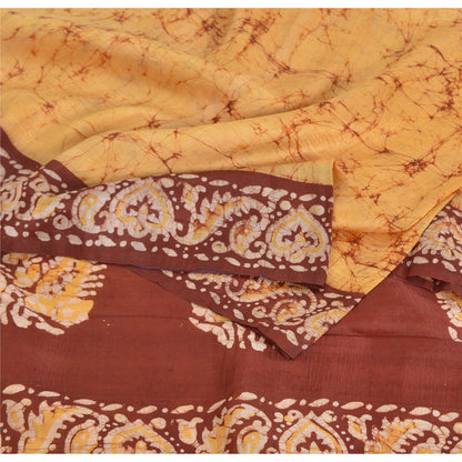 Sanskriti Vintage Brown/Yellow Sarees Pure Silk Hand Printed Batik Sari Fabric