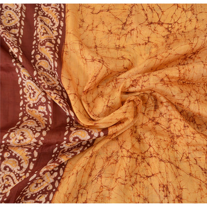 Sanskriti Vintage Brown/Yellow Sarees Pure Silk Hand Printed Batik Sari Fabric