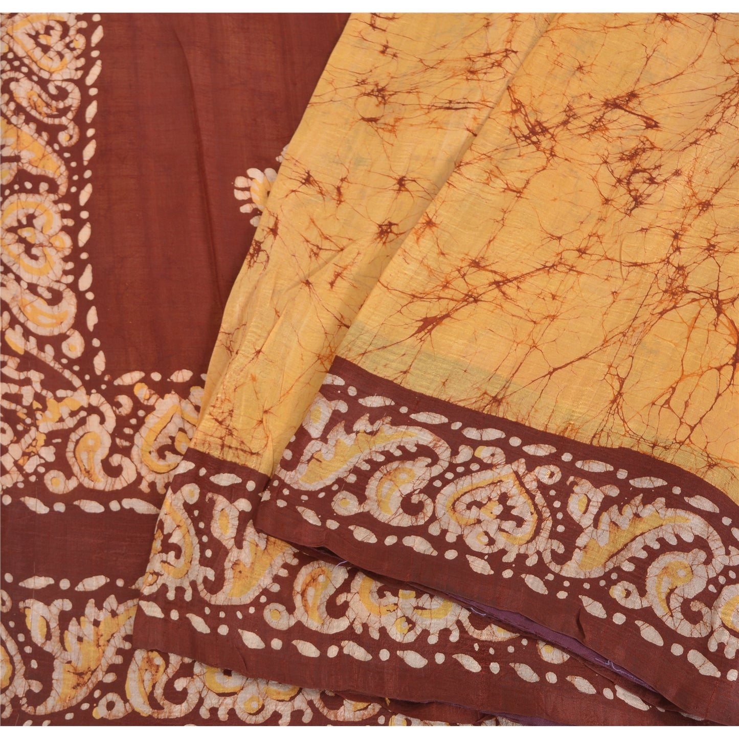 Sanskriti Vintage Brown/Yellow Sarees Pure Silk Hand Printed Batik Sari Fabric