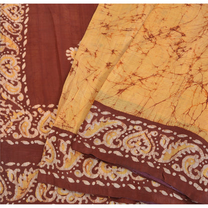 Sanskriti Vintage Brown/Yellow Sarees Pure Silk Hand Printed Batik Sari Fabric