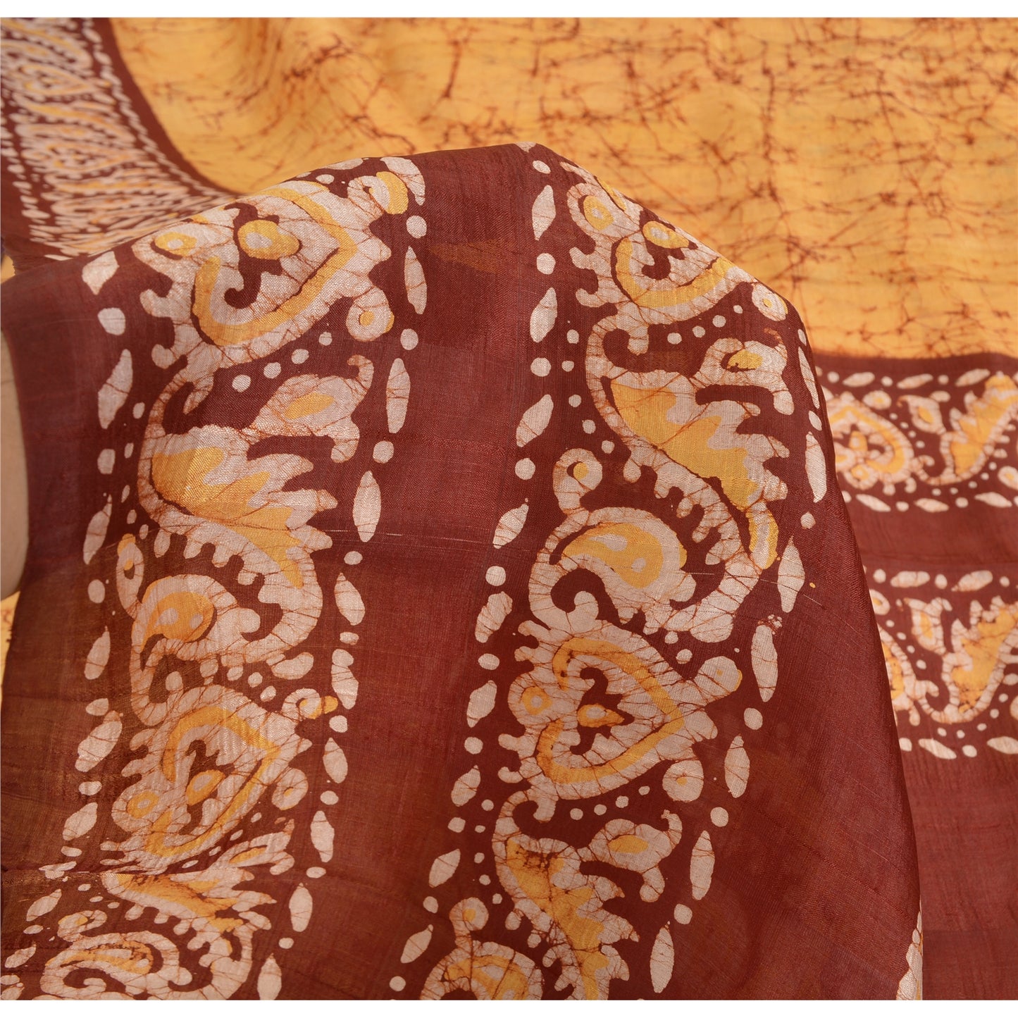 Sanskriti Vintage Brown/Yellow Sarees Pure Silk Hand Printed Batik Sari Fabric