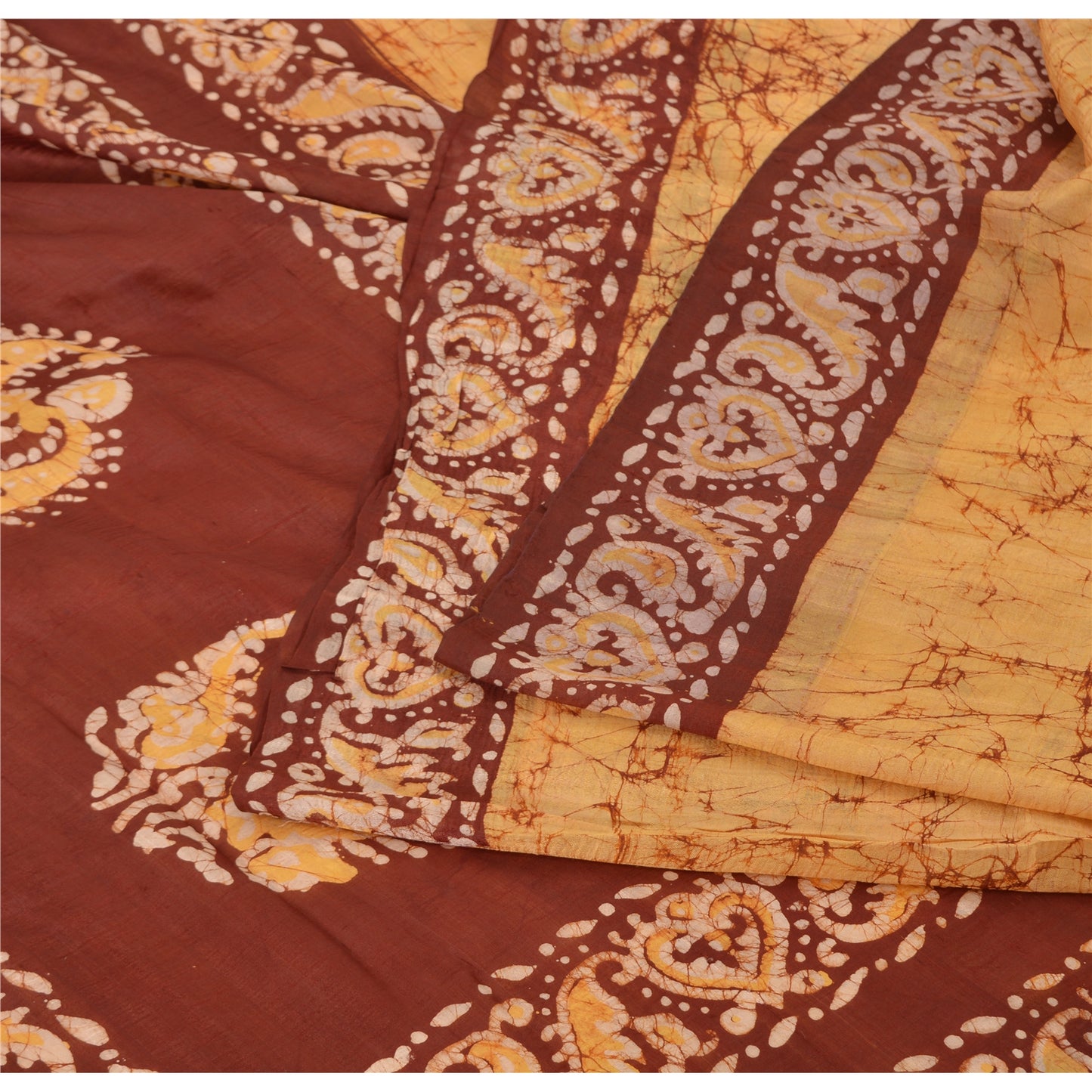 Sanskriti Vintage Brown/Yellow Sarees Pure Silk Hand Printed Batik Sari Fabric