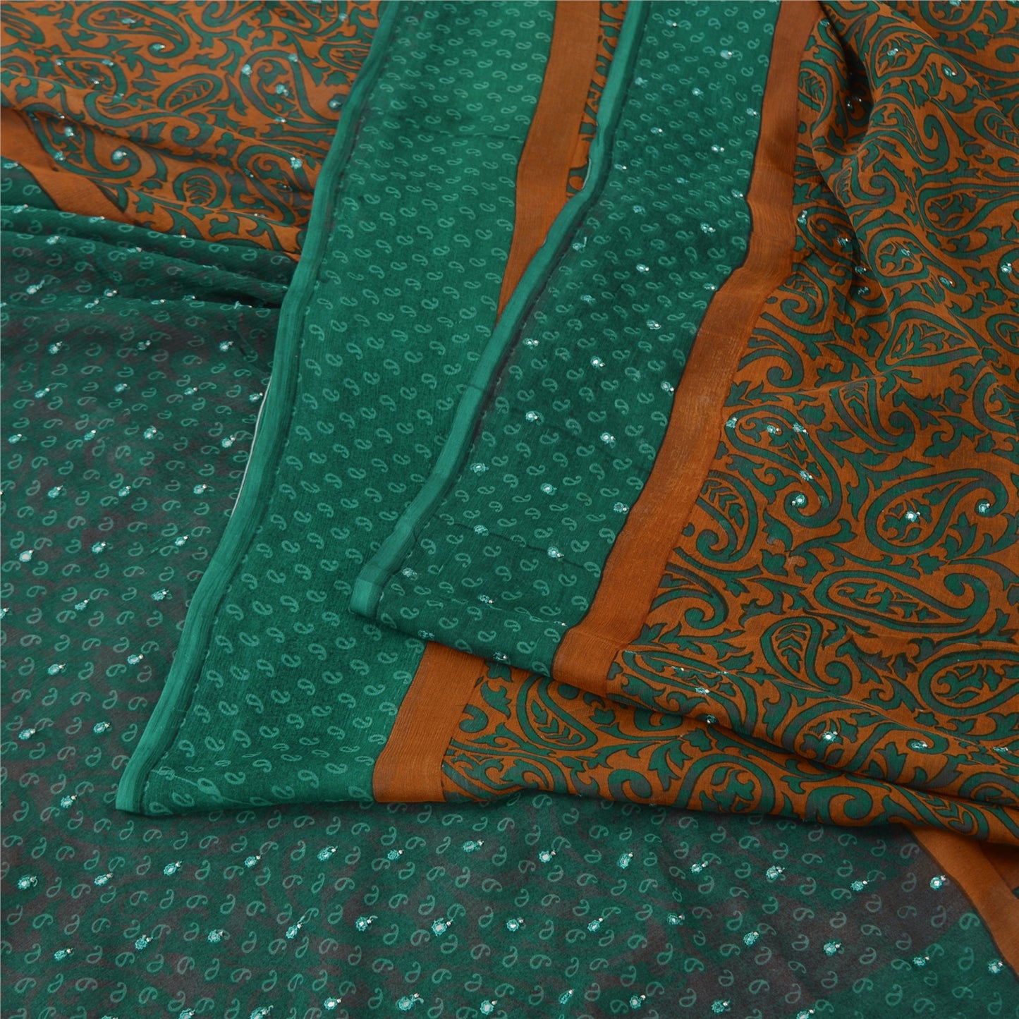 Sanskriti Vintage Indian Sarees Pure Chiffon Hand Beaded Printed Sari 5yd Fabric