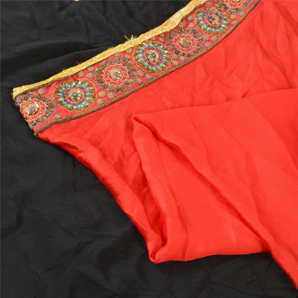 Sanskriti Vintage Black/Red Sarees Chiffon Hand Beaded Premium Sari Craft Fabric