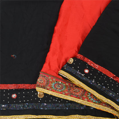 Sanskriti Vintage Black/Red Sarees Chiffon Hand Beaded Premium Sari Craft Fabric