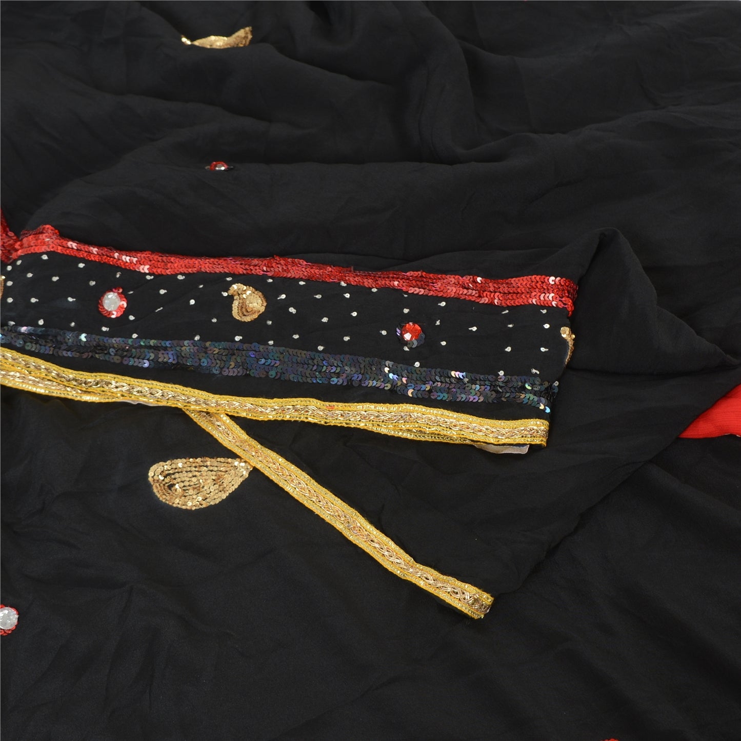 Sanskriti Vintage Black/Red Sarees Chiffon Hand Beaded Premium Sari Craft Fabric