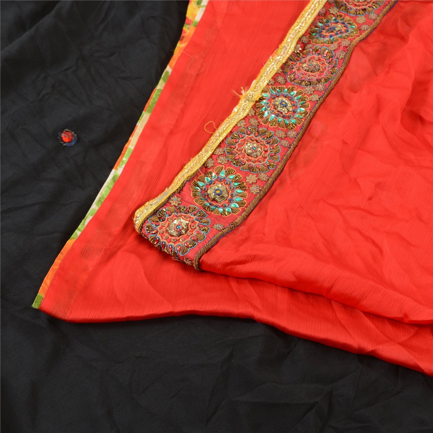 Sanskriti Vintage Black/Red Sarees Chiffon Hand Beaded Premium Sari Craft Fabric