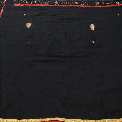 Sanskriti Vintage Black/Red Sarees Chiffon Hand Beaded Premium Sari Craft Fabric