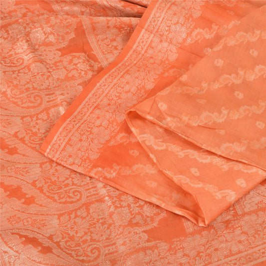 Sanskriti Vintage Indian Coral Sarees Pure Silk Woven Premium Sari Craft Fabric