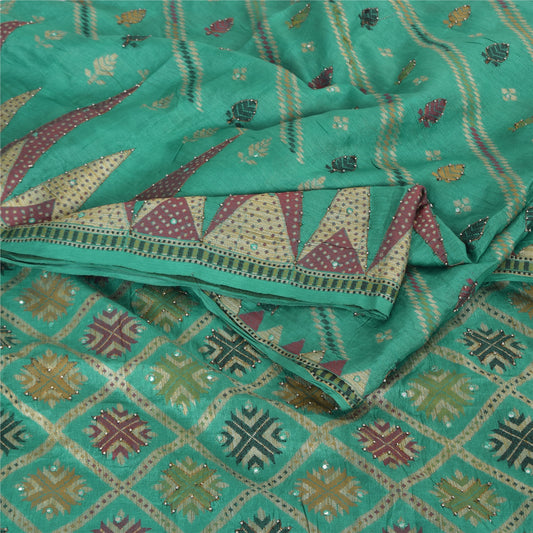 Sanskriti Vintage Indian Green Sarees Pure Silk Hand Beaded Premium Sari Fabric