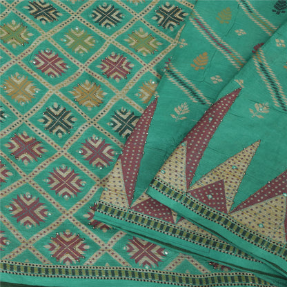 Sanskriti Vintage Indian Green Sarees Pure Silk Hand Beaded Premium Sari Fabric