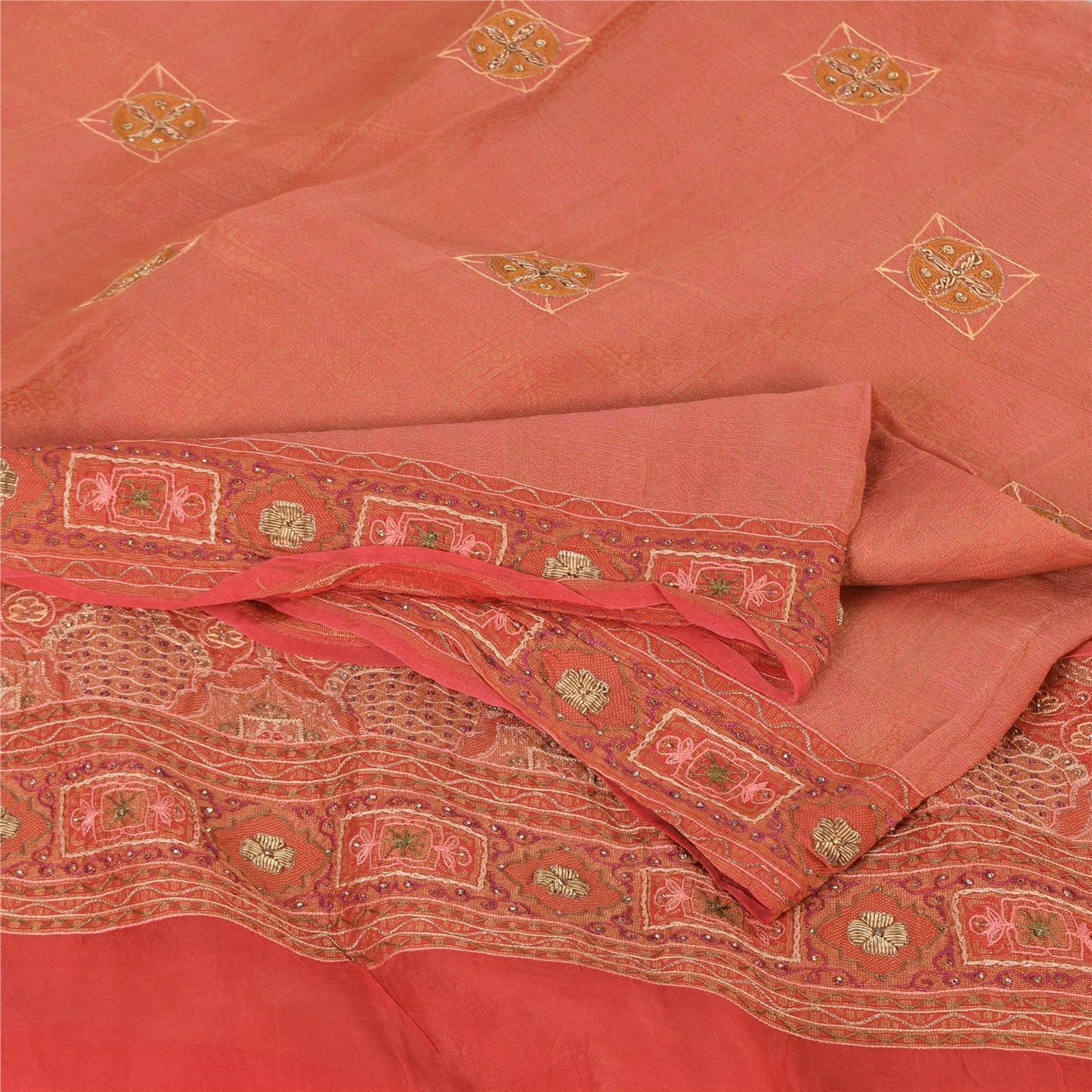 Sanskriti Vintage Peach Sarees Pure Silk Hand Beaded Premium Sari Craft Fabric