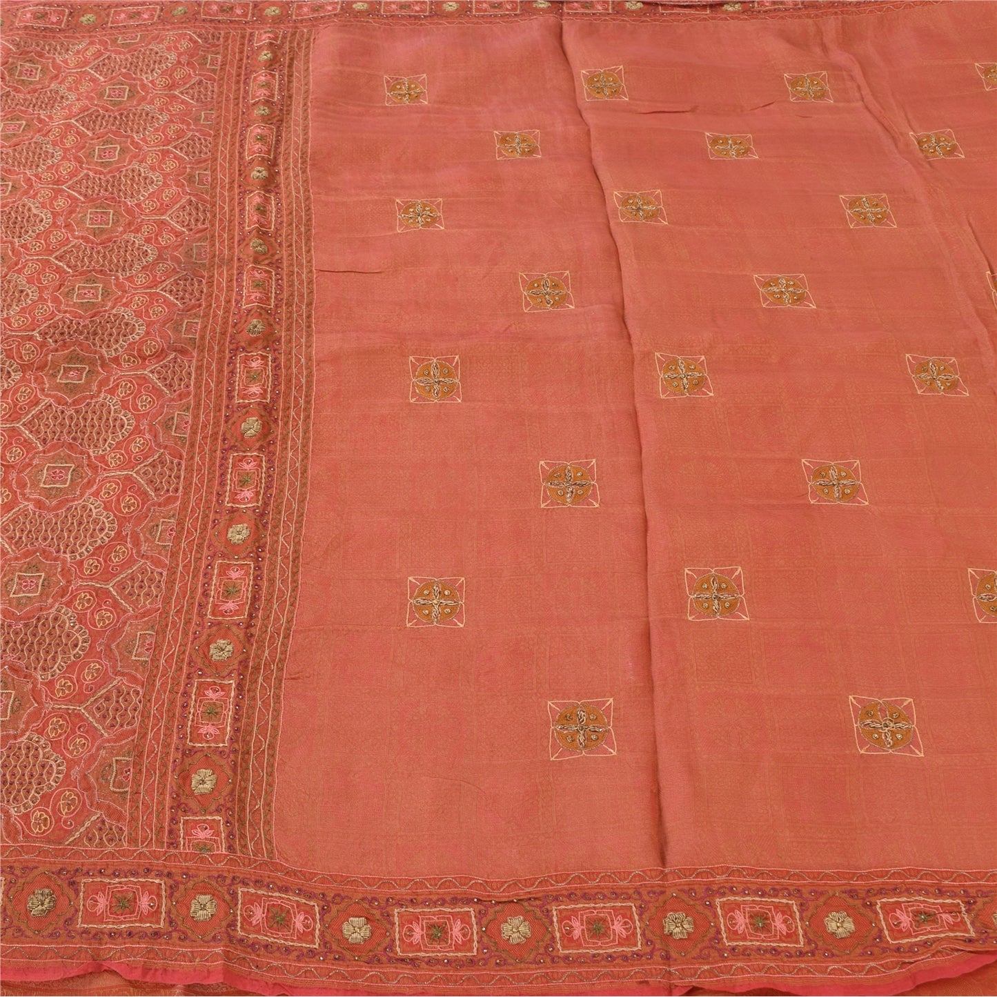 Sanskriti Vintage Peach Sarees Pure Silk Hand Beaded Premium Sari Craft Fabric