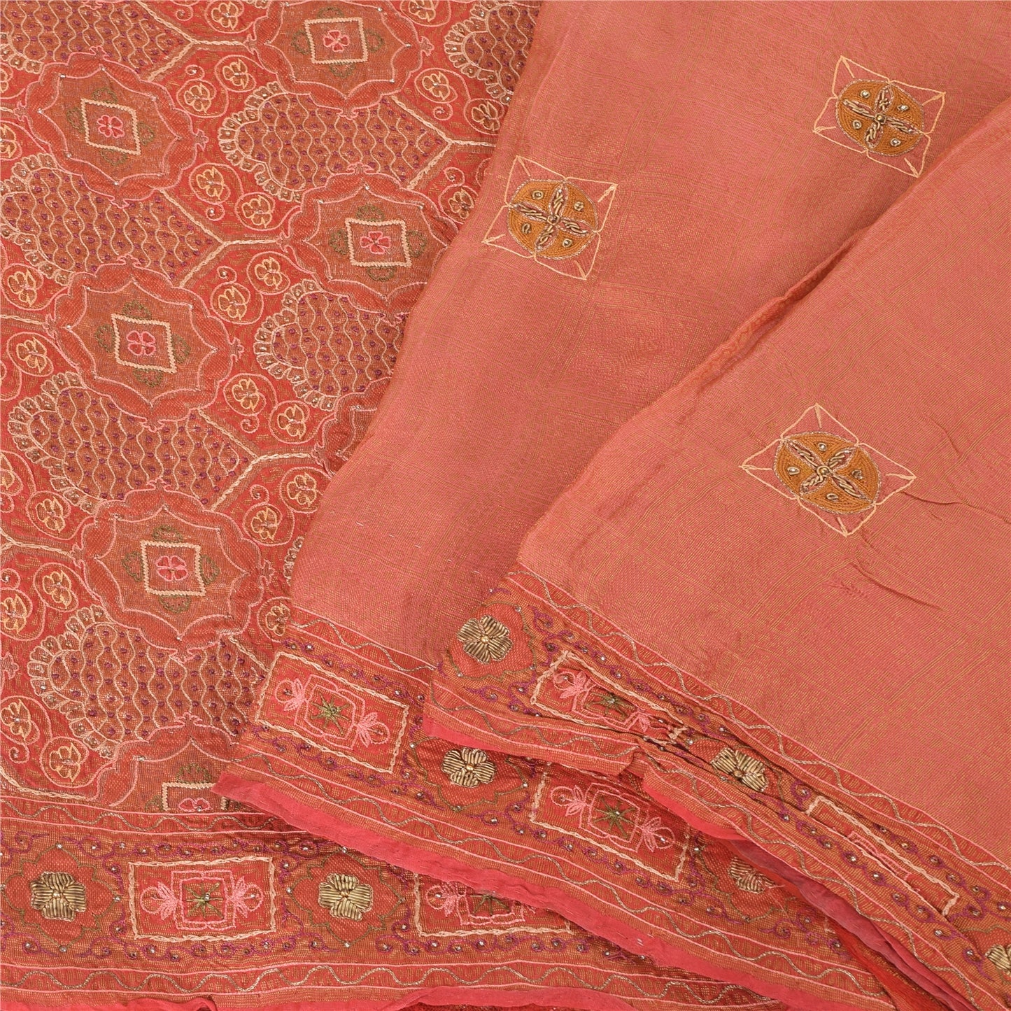 Sanskriti Vintage Peach Sarees Pure Silk Hand Beaded Premium Sari Craft Fabric